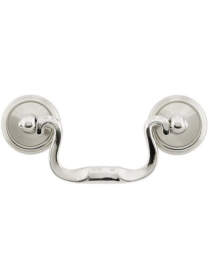 Swan-Neck Brass Banded Bail Pull with Round Rosettes ‚Äì 2 ¬Ω‚Äù Center-to-Center in Polished Brass.